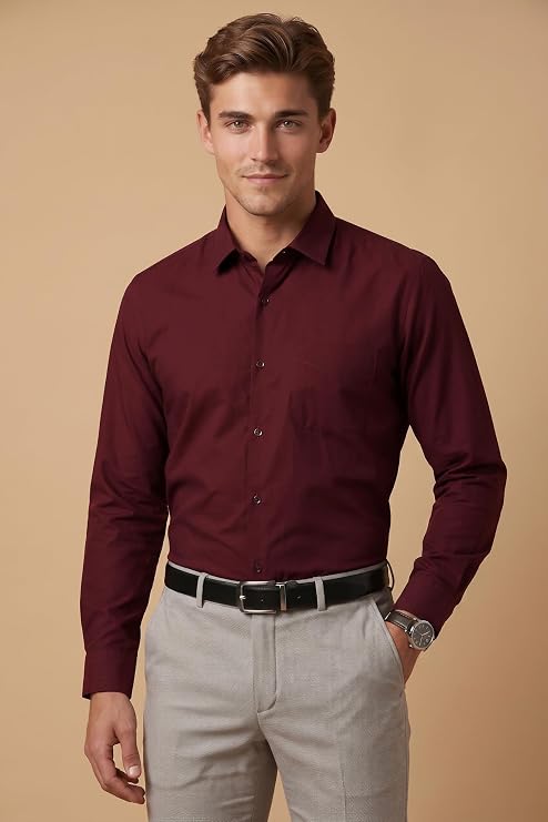 Tailmont Premium Burgundy Solid Formal Shirt